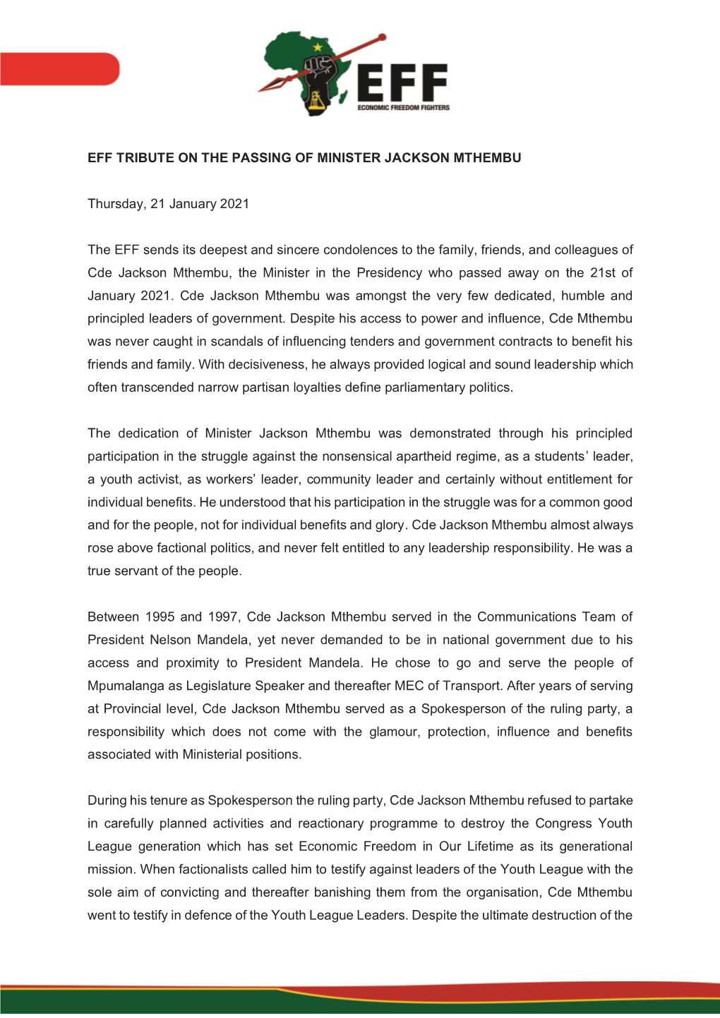 Eff Tribute on the Passing of Minister Jackson Mthembu