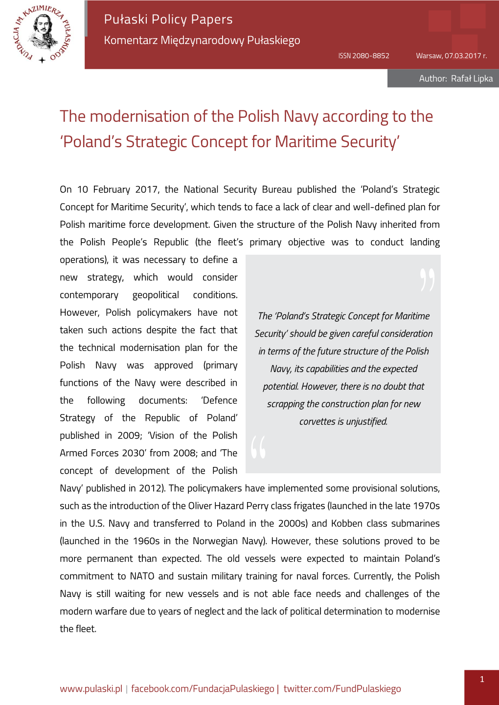 The Modernisation of the Polish Navy According to the 'Poland's Strategic