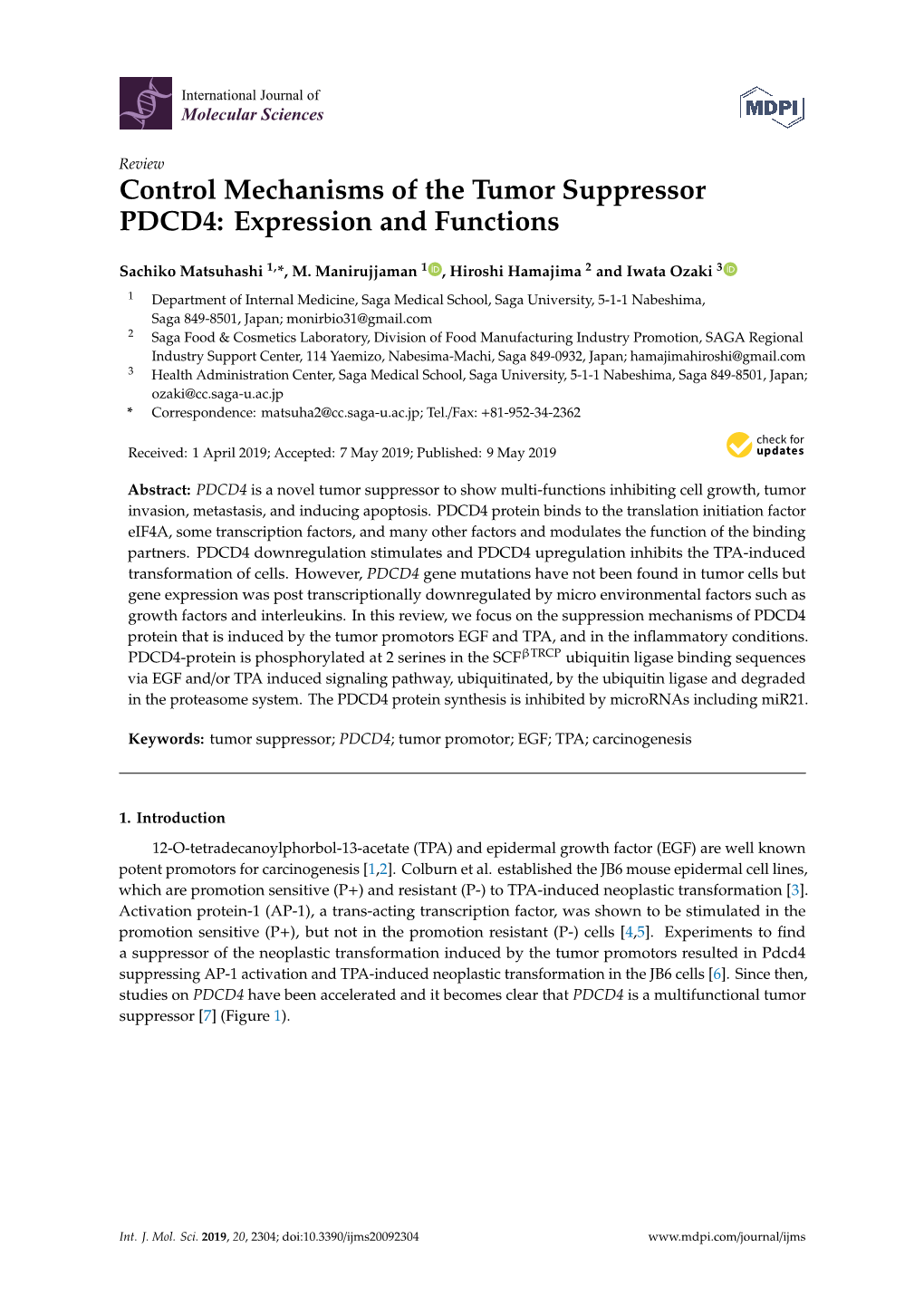 Control Mechanisms of the Tumor Suppressor PDCD4: Expression and Functions