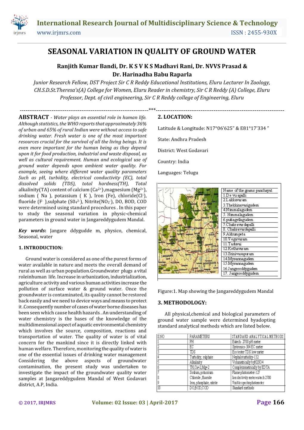 Seasonal Variation in Quality of Ground Water