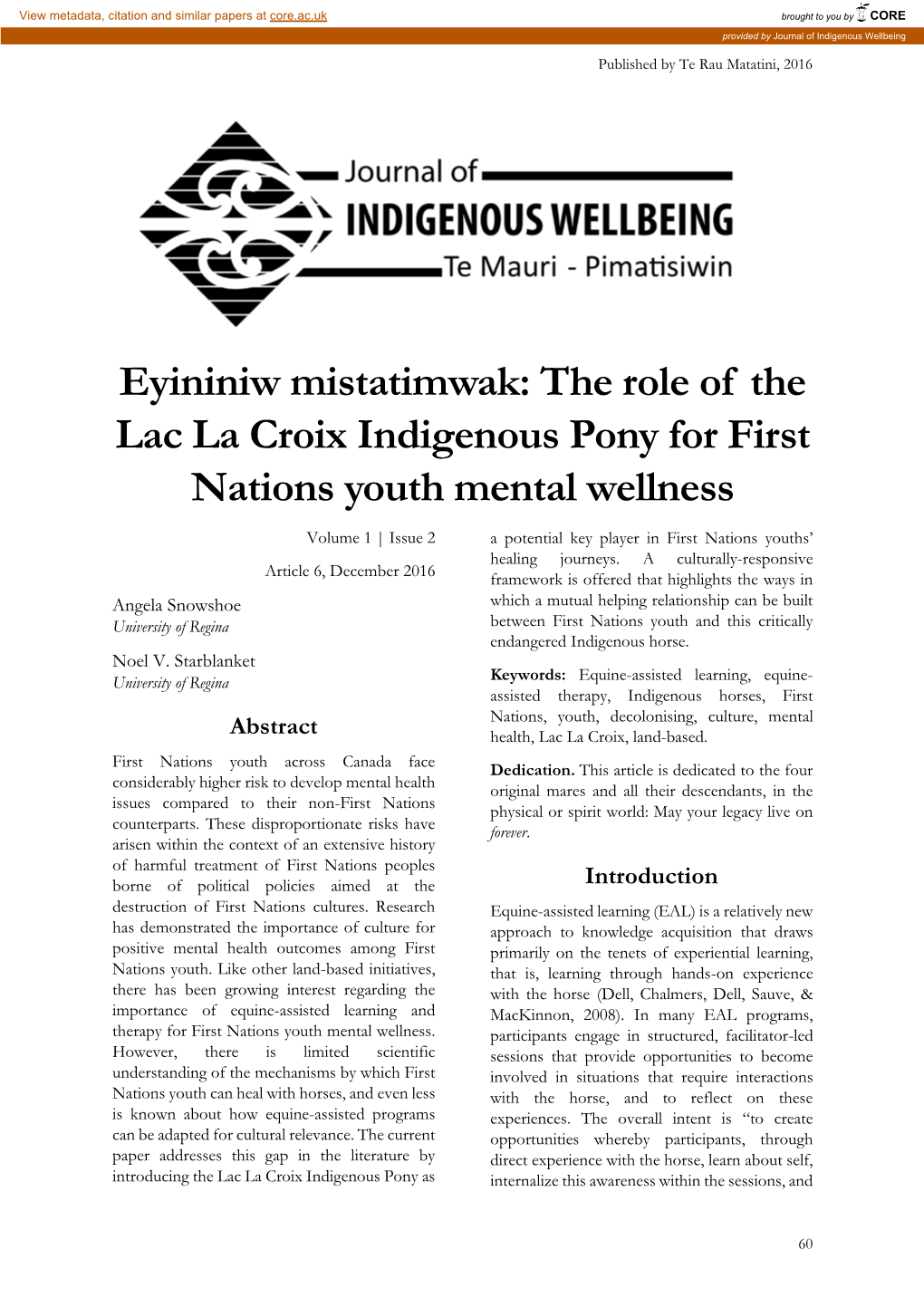 The Role of the Lac La Croix Indigenous Pony for First Nations Youth Mental Wellness