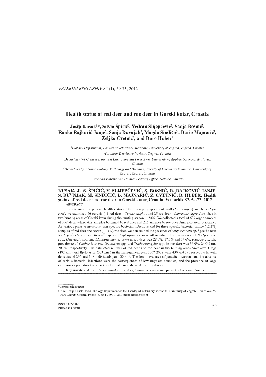 Health Status of Red Deer and Roe Deer in Gorski Kotar, Croatia