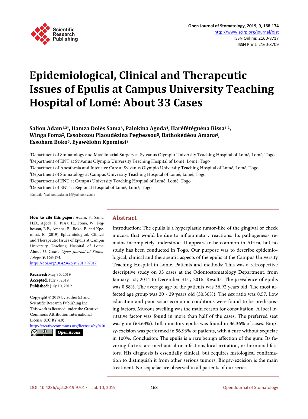 Epidemiological, Clinical and Therapeutic Issues of Epulis at Campus University Teaching Hospital of Lomé: About 33 Cases