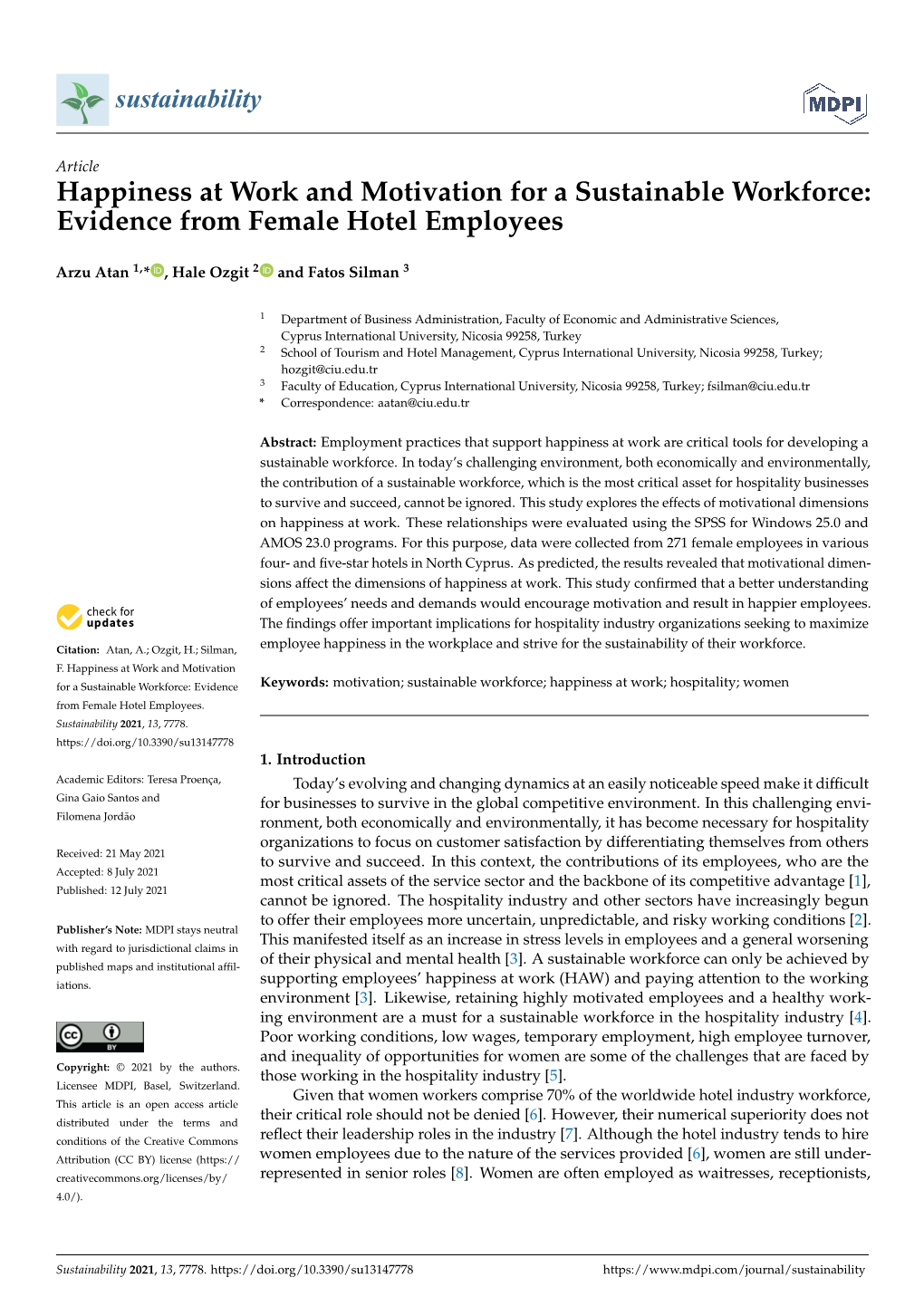 Happiness at Work and Motivation for a Sustainable Workforce: Evidence from Female Hotel Employees