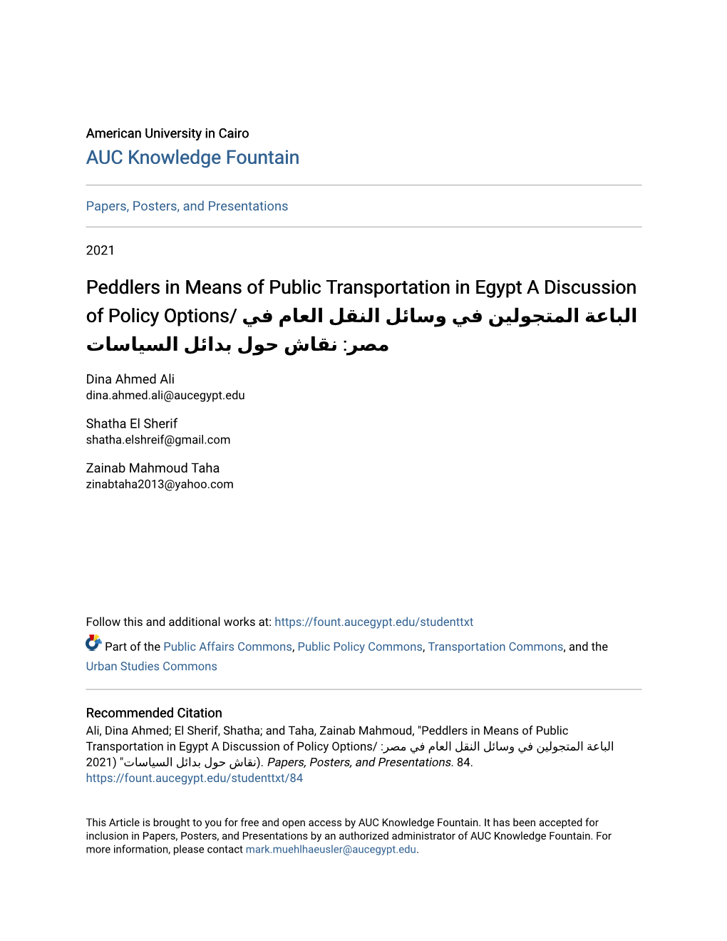Peddlers in Means of Public Transportation in Egypt a Discussion of Policy Options