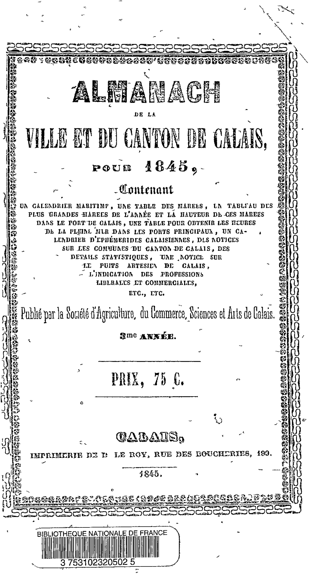 Almanach De La Ville Et Du Canton De Calais... Contenant Une Table Des