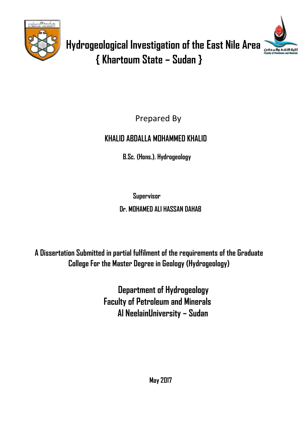 Hydrogeological Investigation of the East Nile Area { Khartoum State – Sudan }