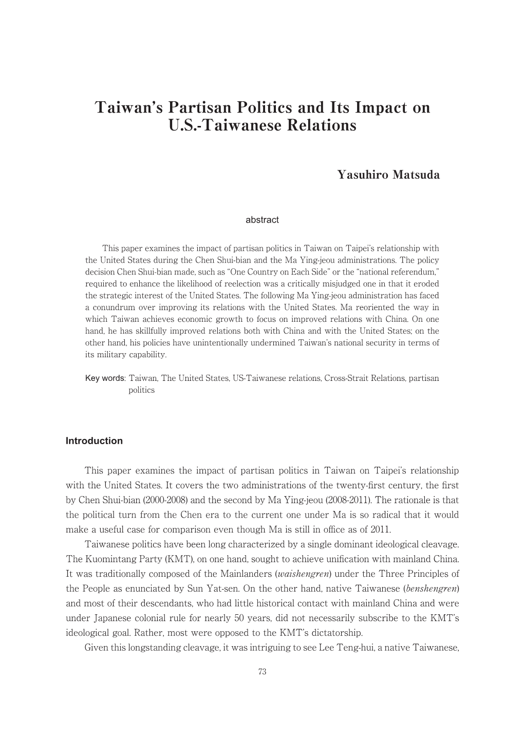 Taiwan's Partisan Politics and Its Impact on U.S.-Taiwanese Relations