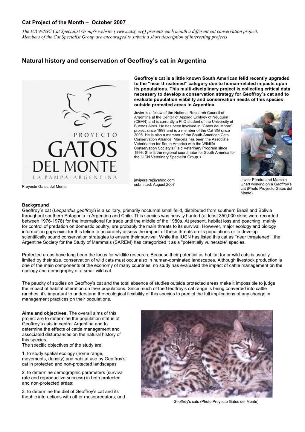 Natural History and Conservation of Geoffroy's Cat in Argentina