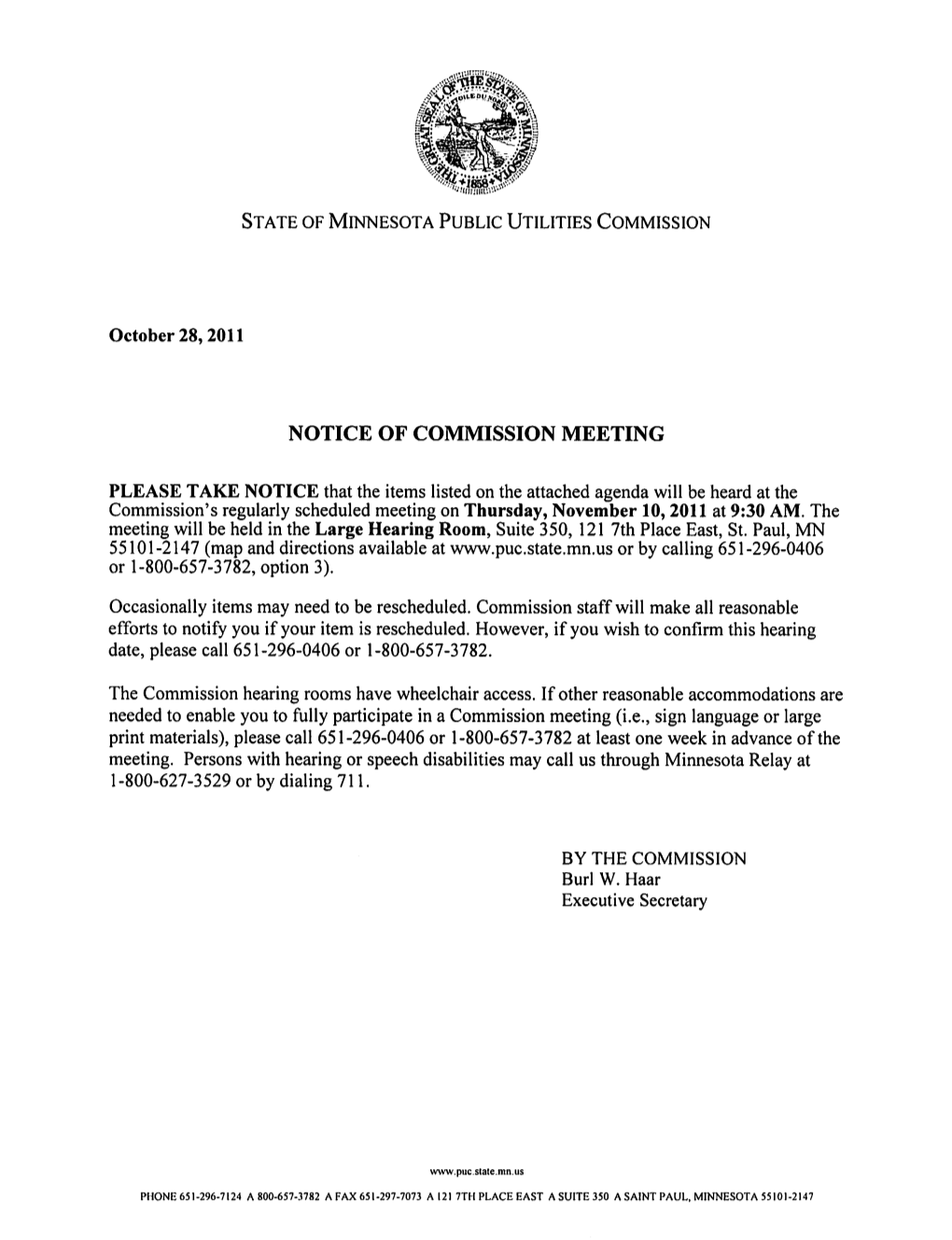 PUC Notice of November 10, 2011 Meeting
