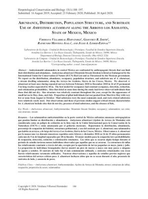 Abundance, Distribution, Population Structure, and Substrate Use of Ambystoma Altamirani Along the Arroyo Los Axolotes, State of Mexico, Mexico
