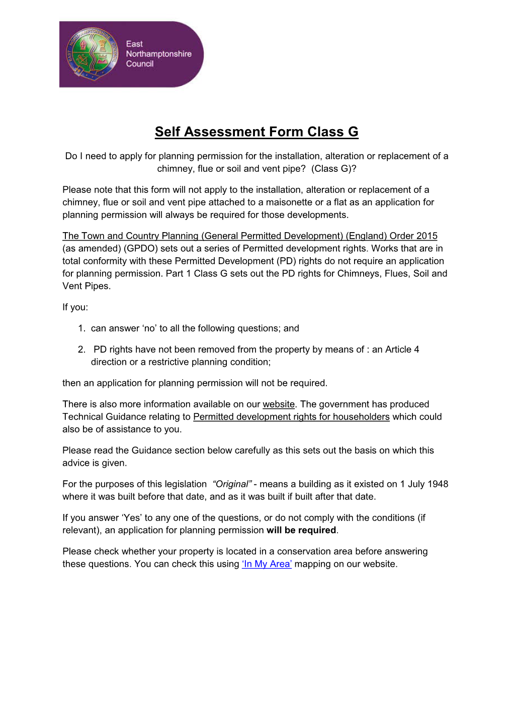 Self Assessment Form Class G