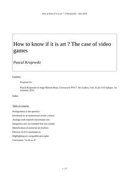 How to Know If It Is Art ? the Case of Video Games