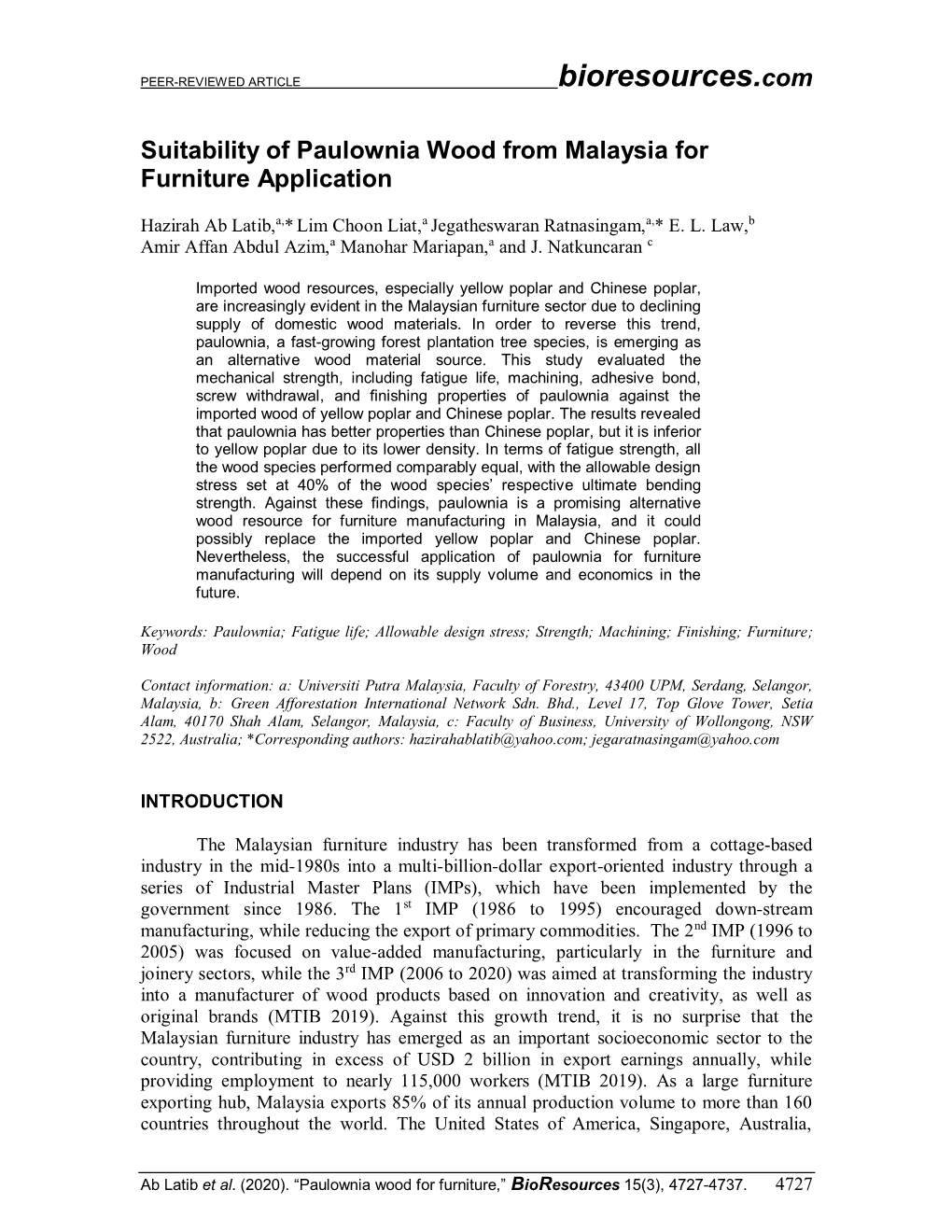 Paulownia Wood for Furniture,” Bioresources 15(3), 4727-4737