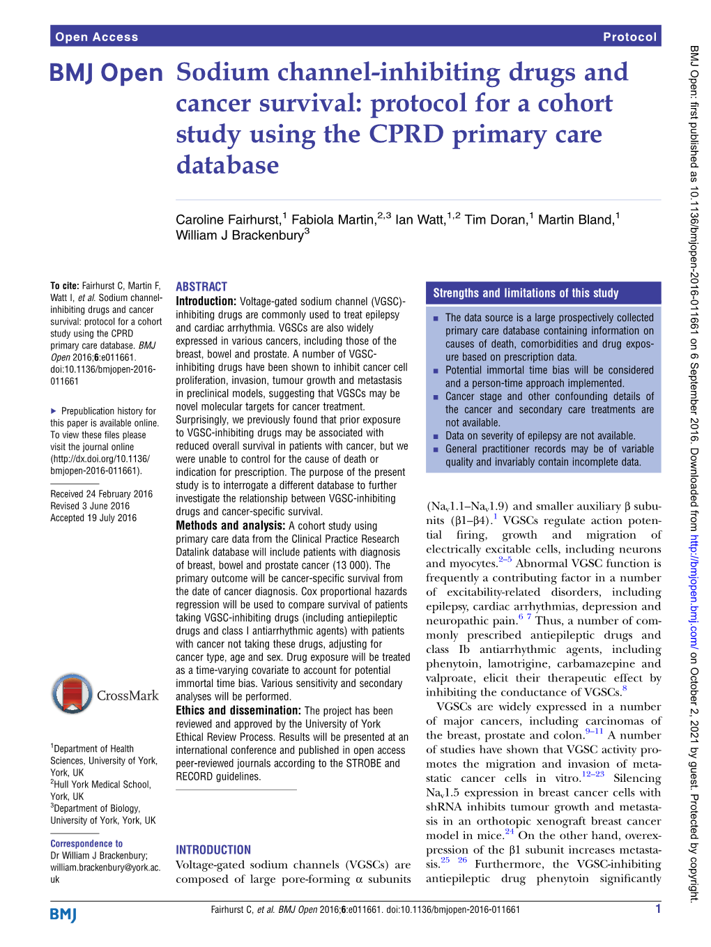 Sodium Channel-Inhibiting Drugs and Cancer Survival: Protocol for a Cohort Study Using the CPRD Primary Care Database