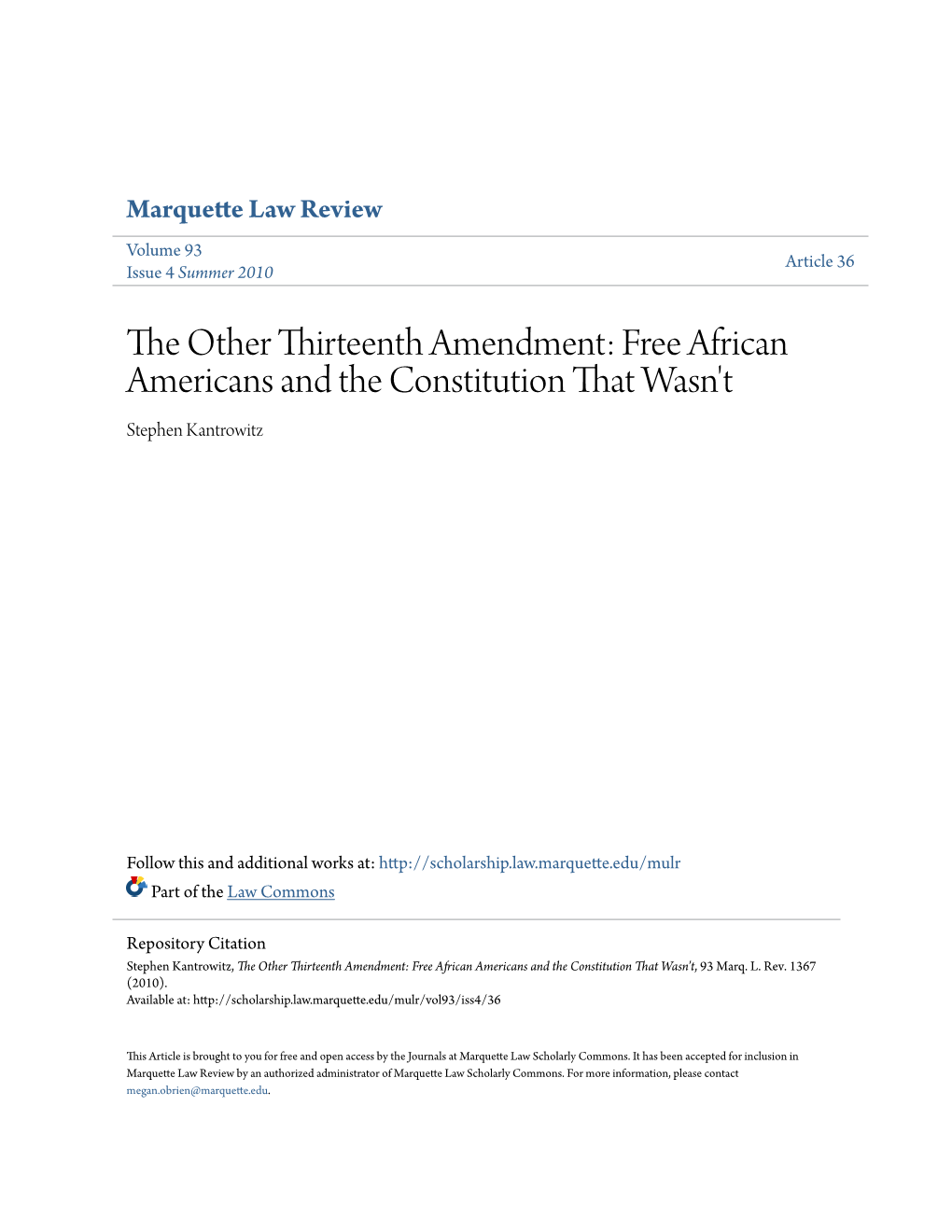 The Other Thirteenth Amendment: Free African Americans and the Constitution That Wasn't Stephen Kantrowitz