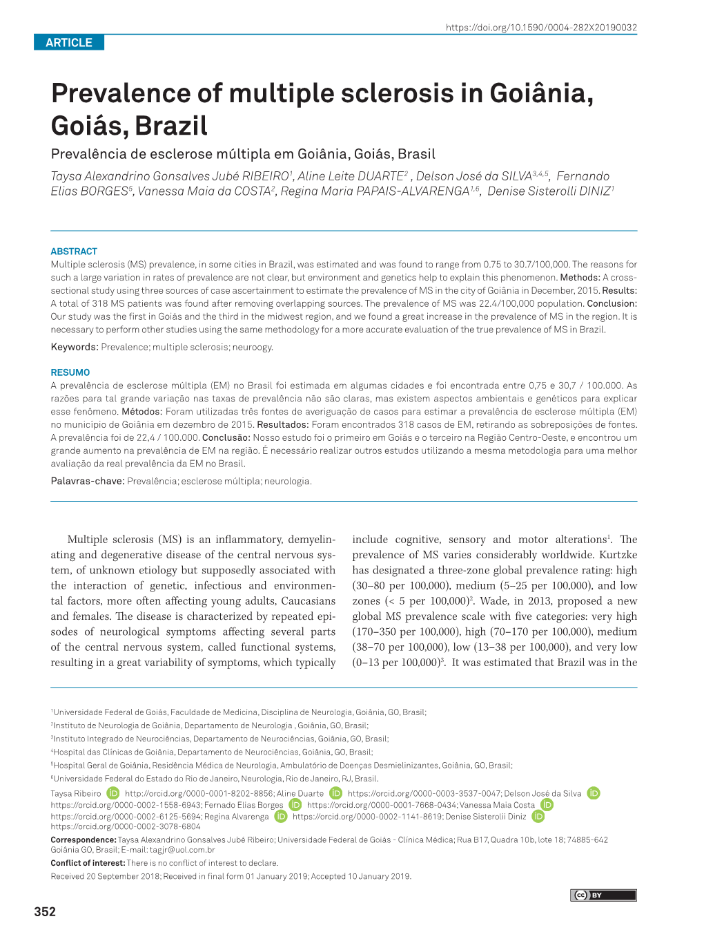 Prevalence of Multiple Sclerosis in Goiânia, Goiás, Brazil