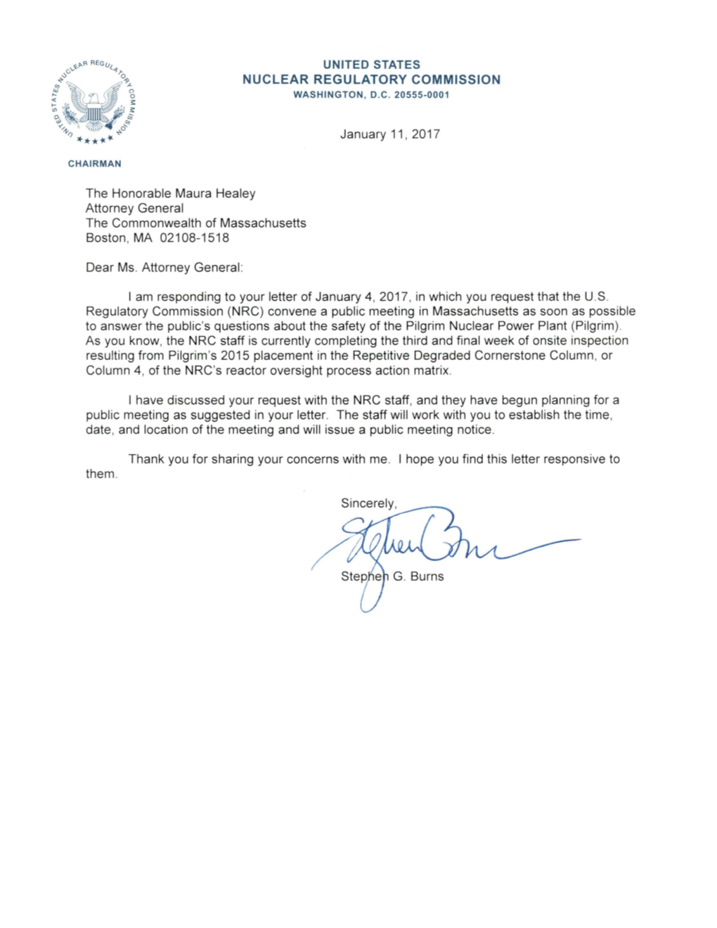 01/11/17 Letter to Maura Healey, Attorney General Et Al., State of MA from Chairman Burns Responds to Her Letter Requesting
