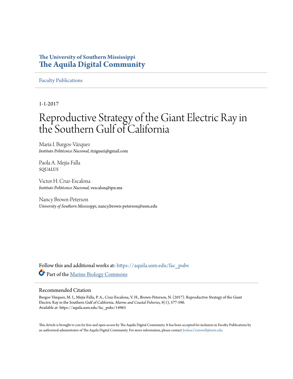 Reproductive Strategy of the Giant Electric Ray in the Southern Gulf of California María I