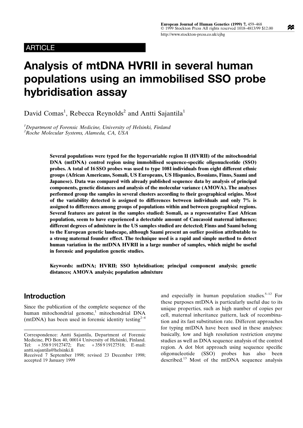 Analysis of Mtdna HVRII in Several Human Populations Using an Immobilised SSO Probe Hybridisation Assay