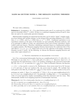 Math 566 Lecture Notes 5: the Riemann Mapping Theorem