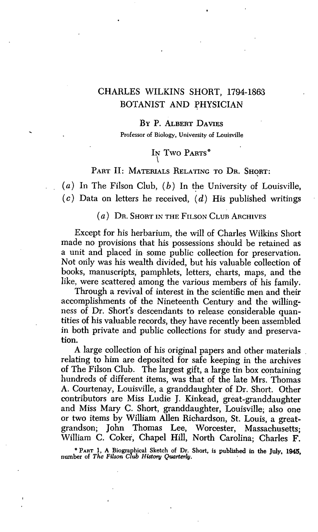 Charles Wilkins Short, 1794-1868 Botanist and Physician