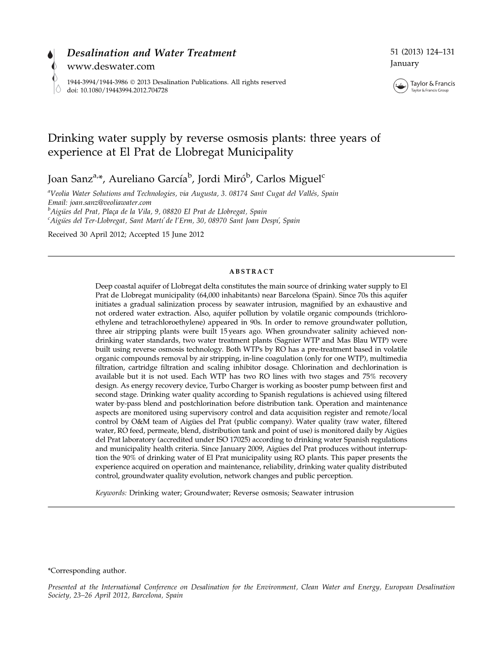 Drinking Water Supply by Reverse Osmosis Plants: Three Years of Experience at El Prat De Llobregat Municipality