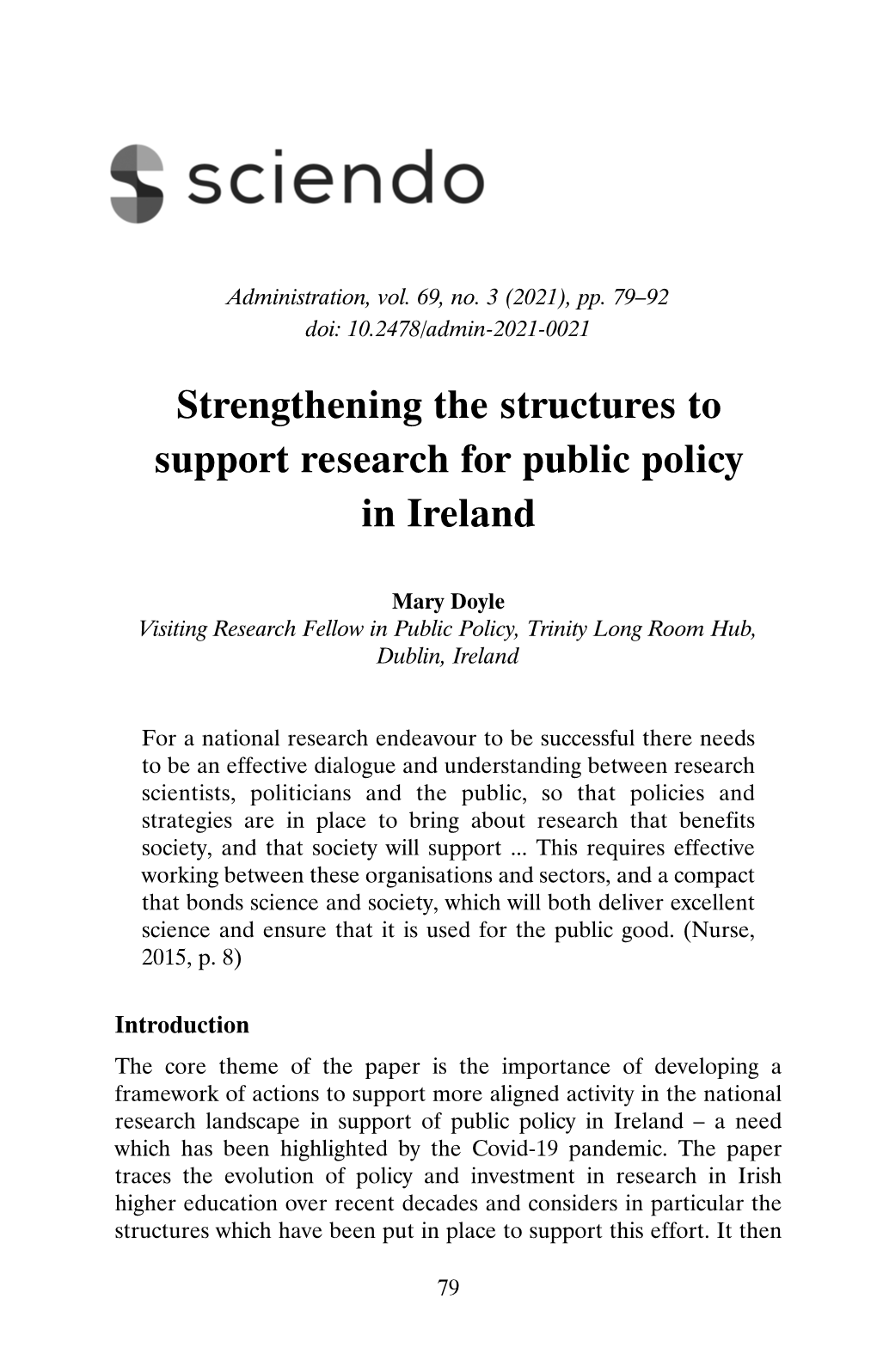 Strengthening the Structures to Support Research for Public Policy in Ireland