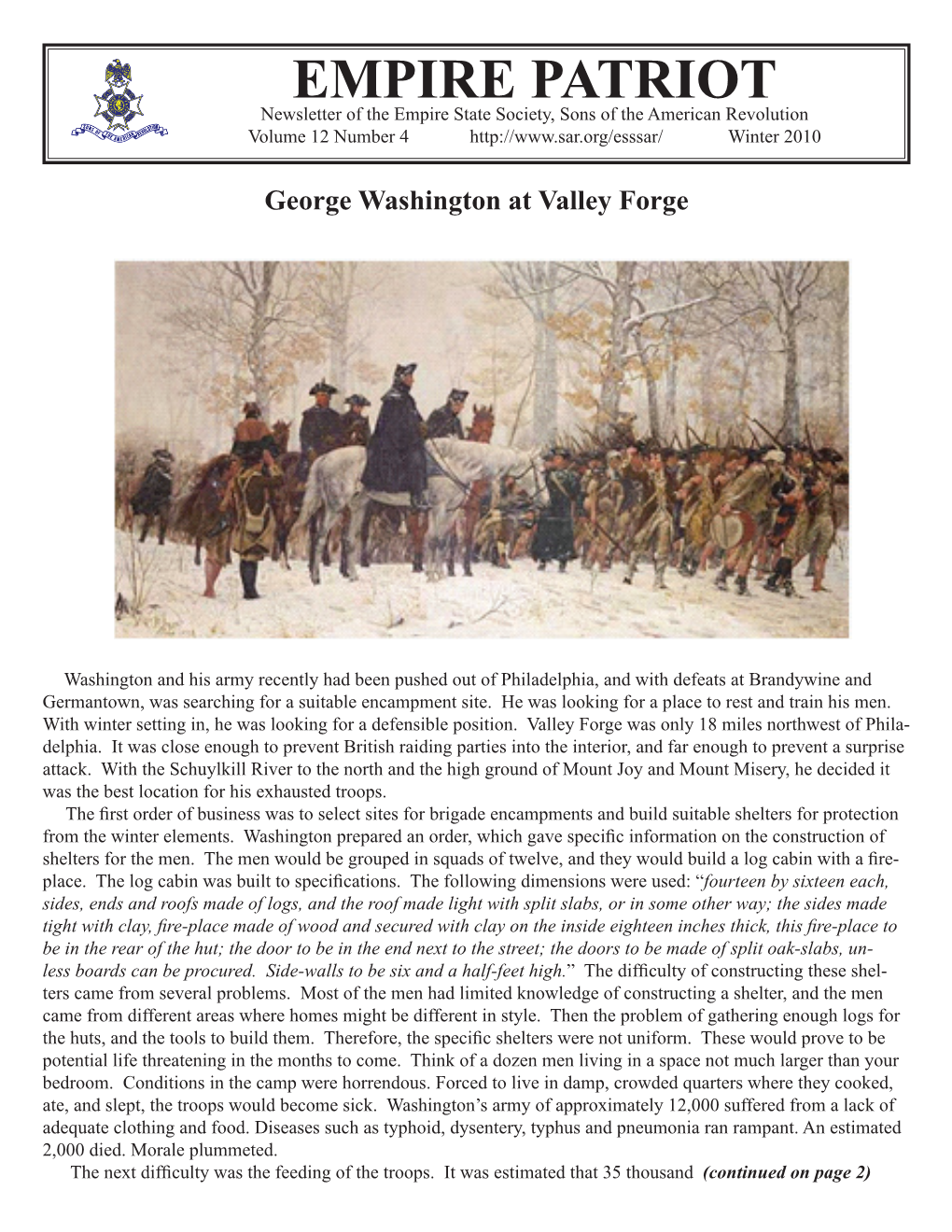 EMPIRE PATRIOT Newsletter of the Empire State Society, Sons of the American Revolution Volume 12 Number 4 Winter 2010