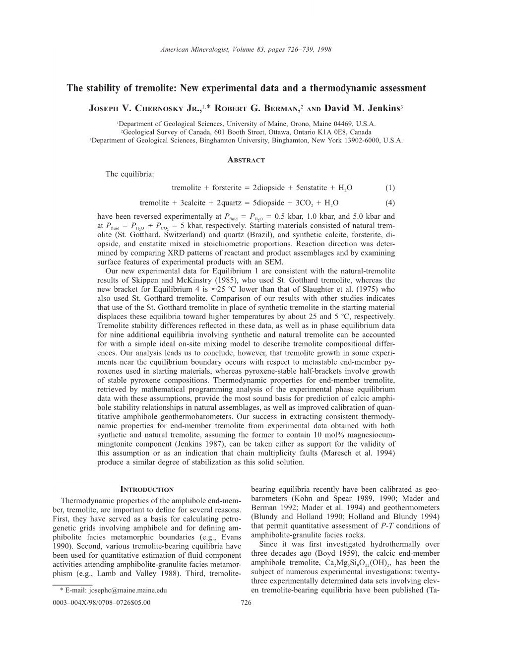 The Stability of Tremolite: New Experimental Data and a Thermodynamic Assessment