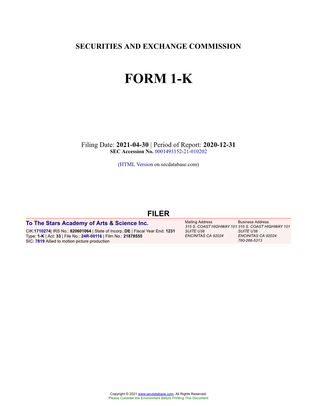 To the Stars Academy of Arts & Science Inc. Form 1-K Filed 2021