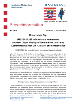 Historischer Tag: HESSENKASSE Holt Hessens Kommunen Aus Dem