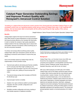 Catalyst Paper Generates Outstanding Savings and Improves Product Quality with Honeywell’S Advanced Control Solution