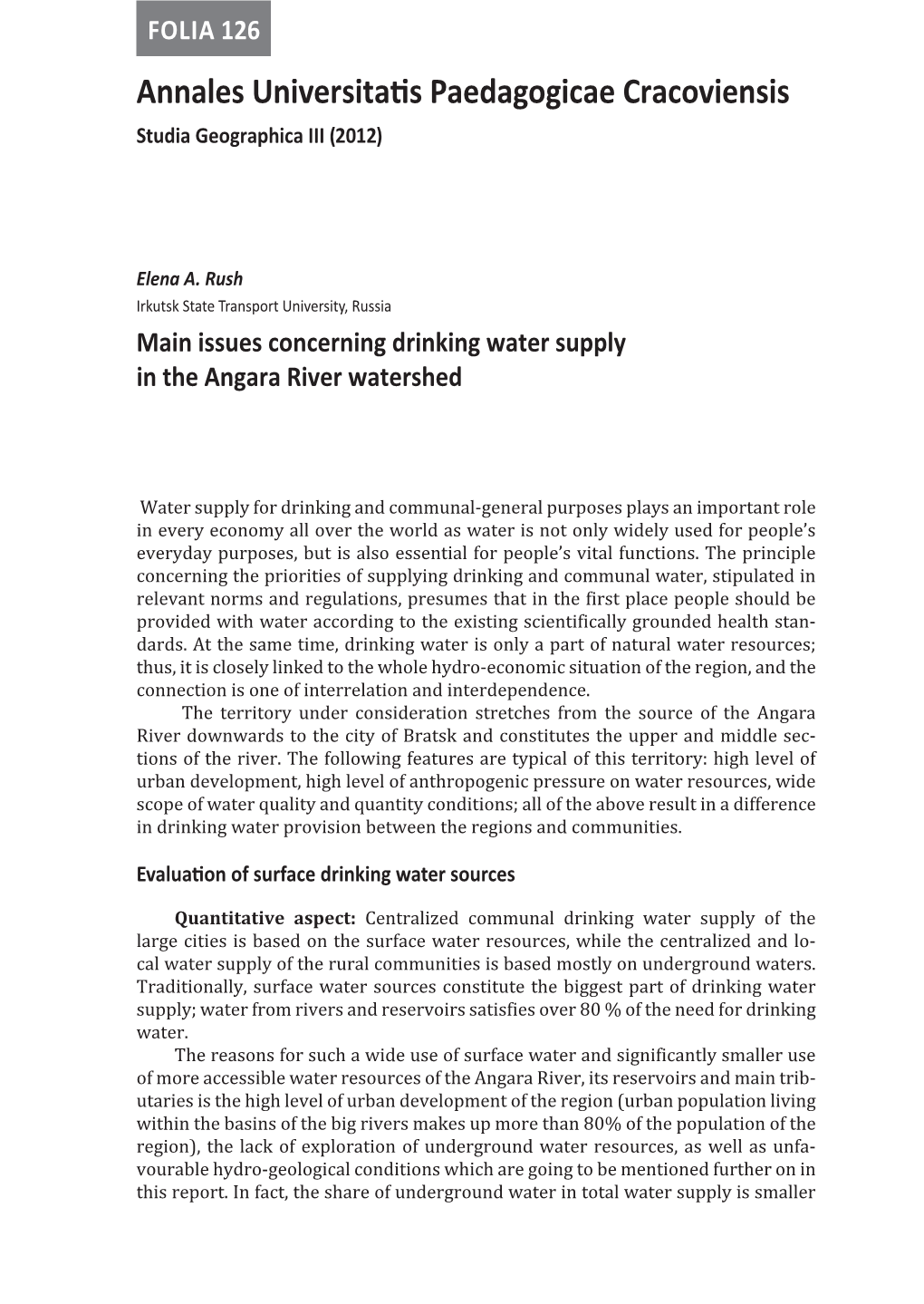 Issues Concerning Drinking Water Supply in the Angara River Watershed