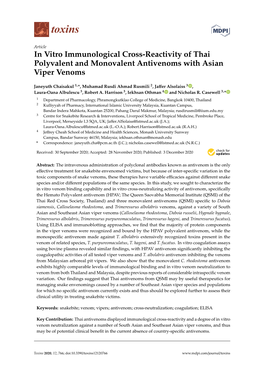 In Vitro Immunological Cross-Reactivity of Thai Polyvalent and Monovalent Antivenoms with Asian Viper Venoms