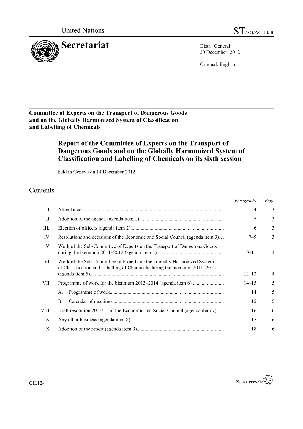 Committee of Experts on the Transport of Dangerous Goods and on the Globally Harmonized