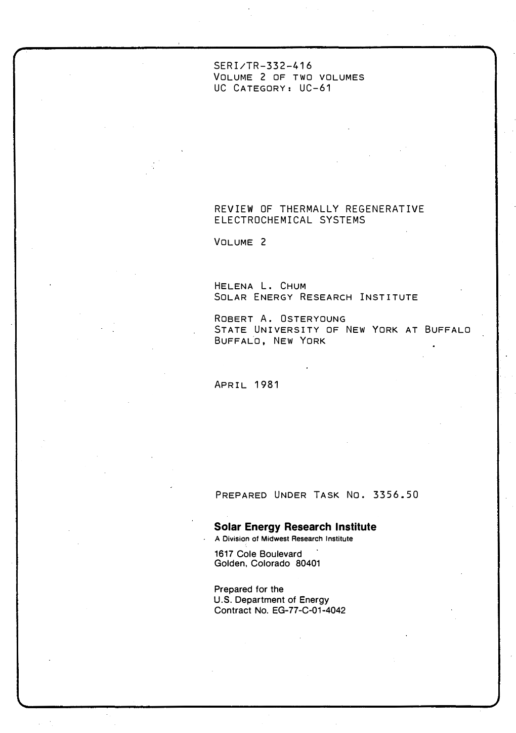 Review of Thermally Regenerative Electrochemical Systems, Volume 2