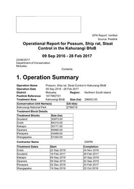 Operational Report for Possum, Ship Rat, Stoat Control in the Kahurangi Bfob