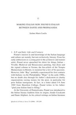 Making Italian New: Pound’S Italian Between Dante and Propaganda