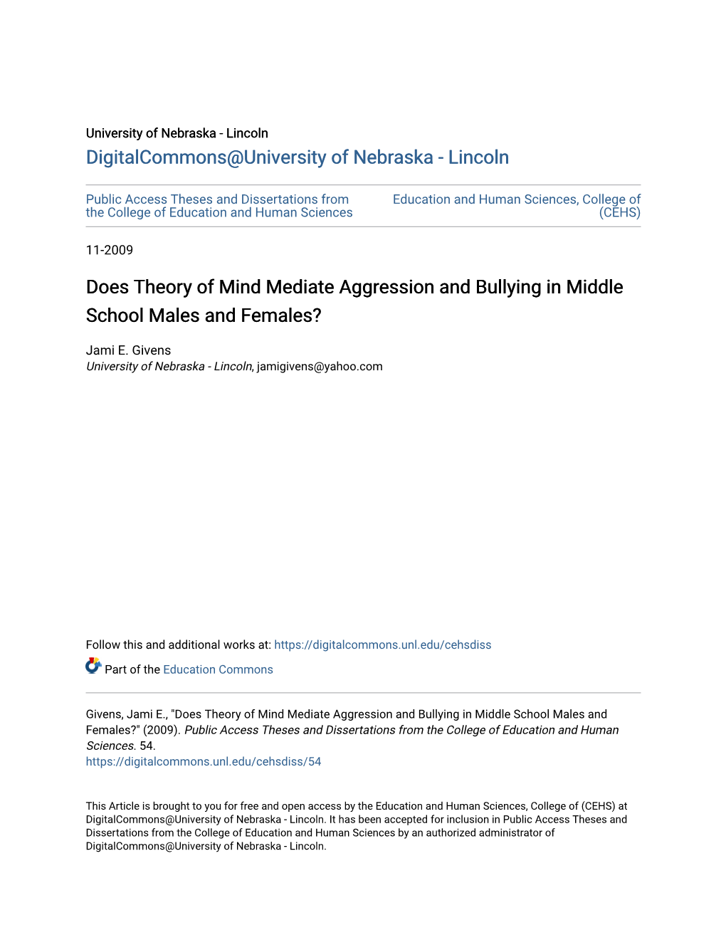 Does Theory of Mind Mediate Aggression and Bullying in Middle School Males and Females?