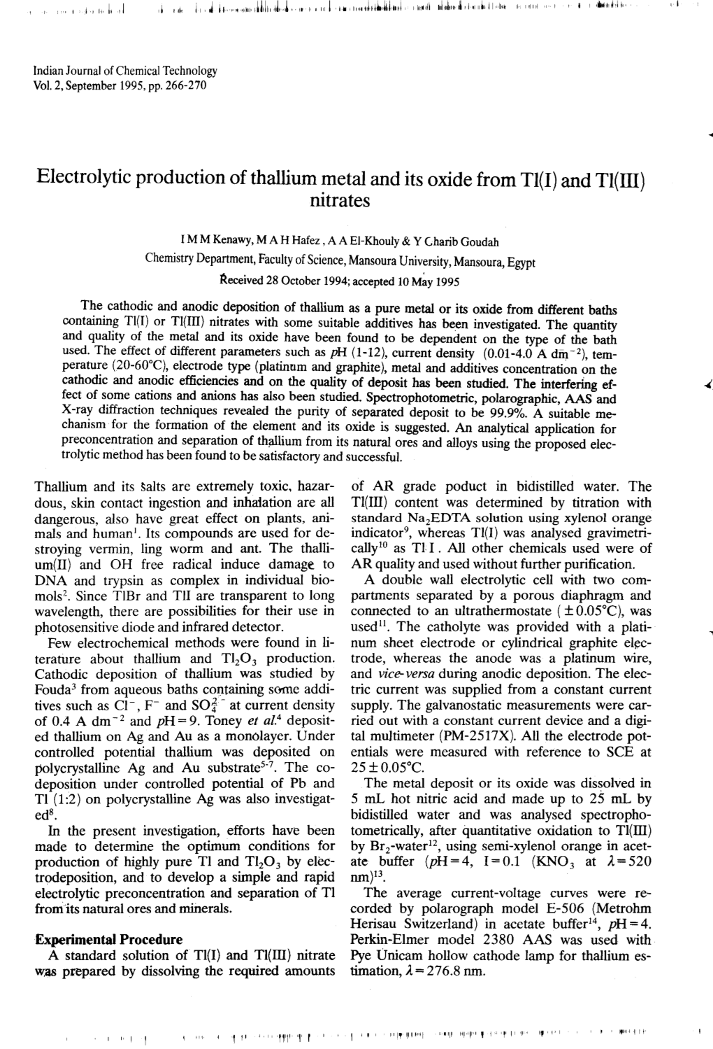 Electrolytic Production of Thallium Metal and Its Oxide from TI(I) and TI(M) Nitrates