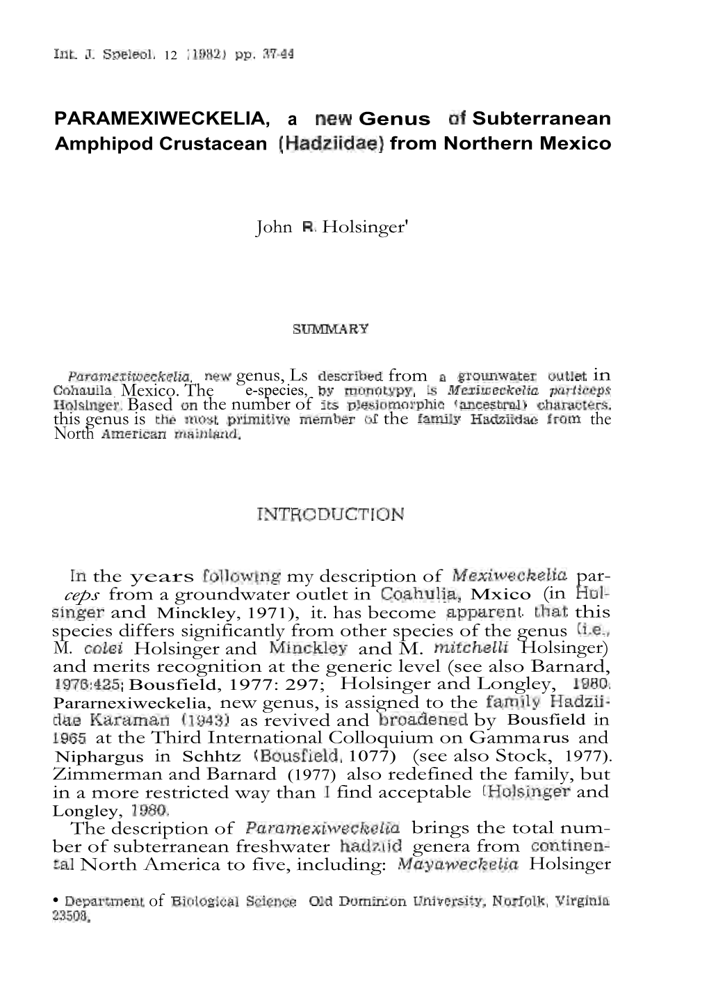 John R. Holsinger' SUMMARY Paramexu.Oecke/&G, New Genus, Ls