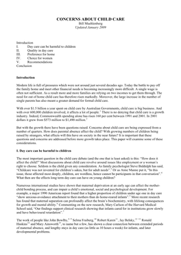 CONCERNS ABOUT CHILD CARE Bill Muehlenberg Updated January 2009