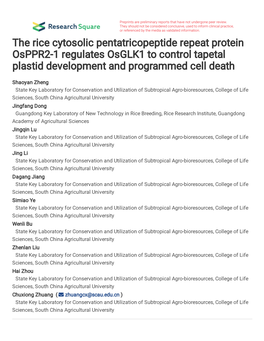 The Rice Cytosolic Pentatricopeptide Repeat Protein Osppr2-1 Regulates Osglk1 to Control Tapetal Plastid Development and Programmed Cell Death