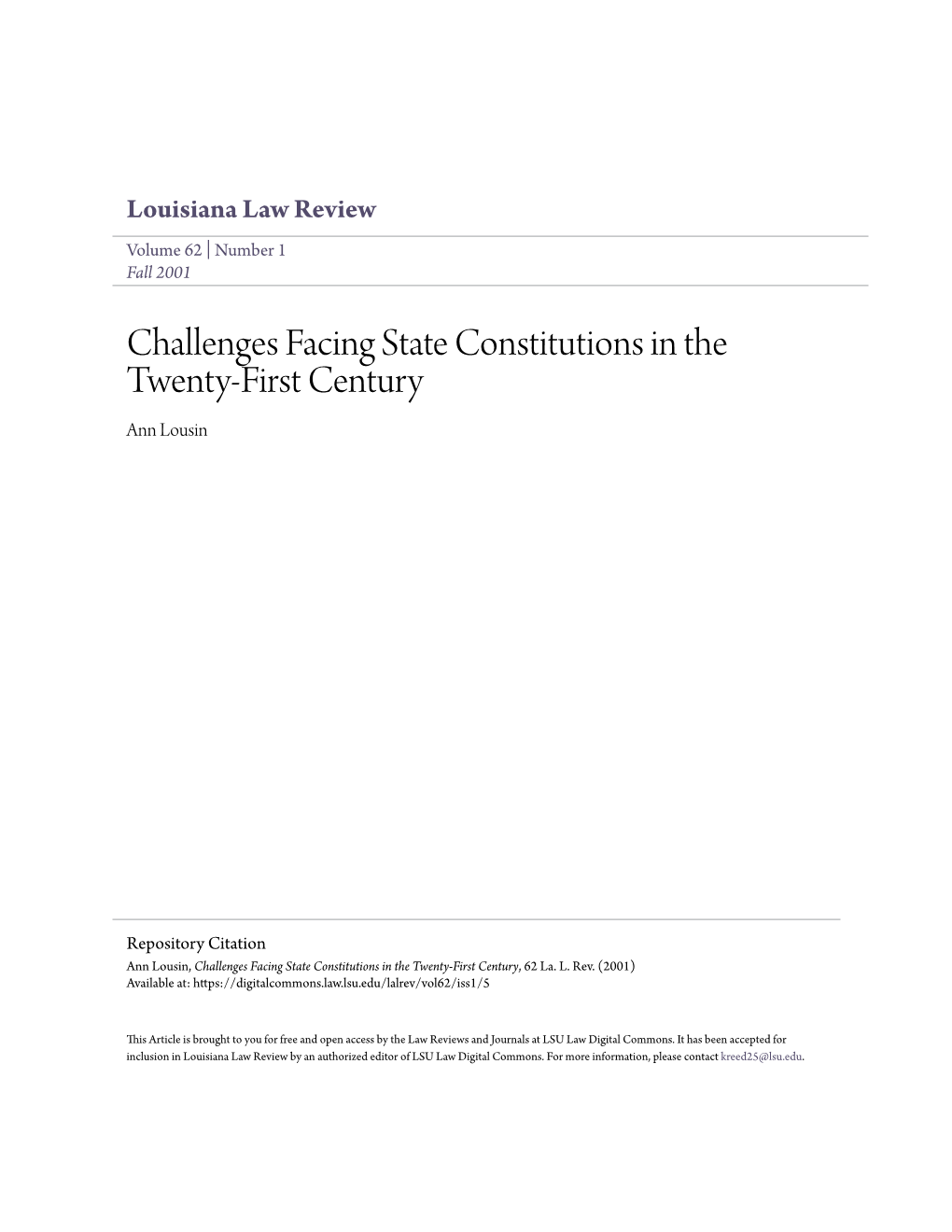 Challenges Facing State Constitutions in the Twenty-First Century Ann Lousin