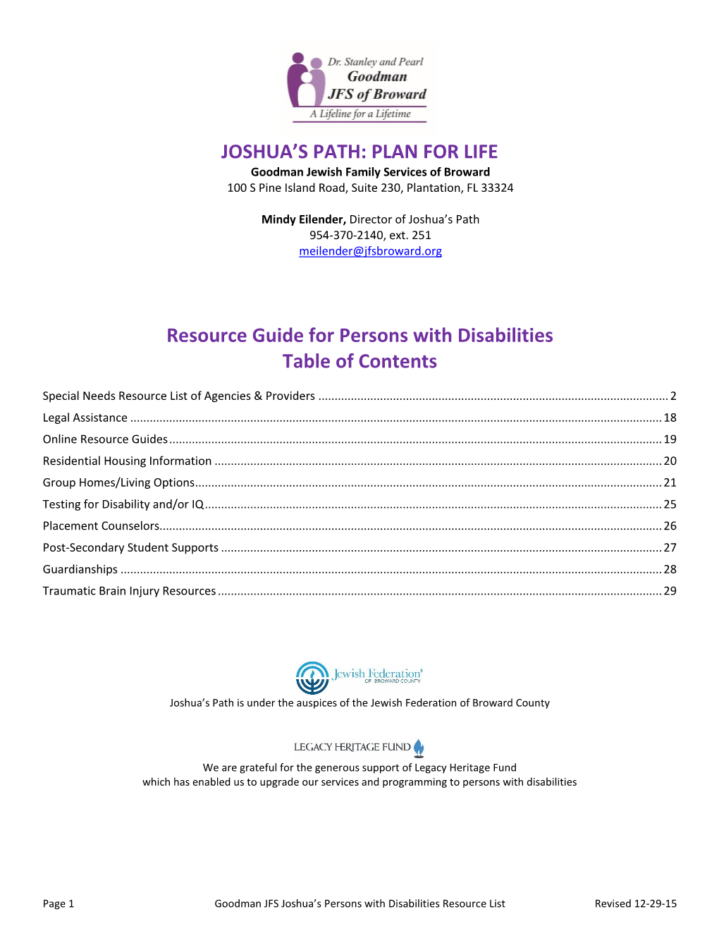 PLAN for LIFE Resource Guide for Persons with Disabilities Table Of