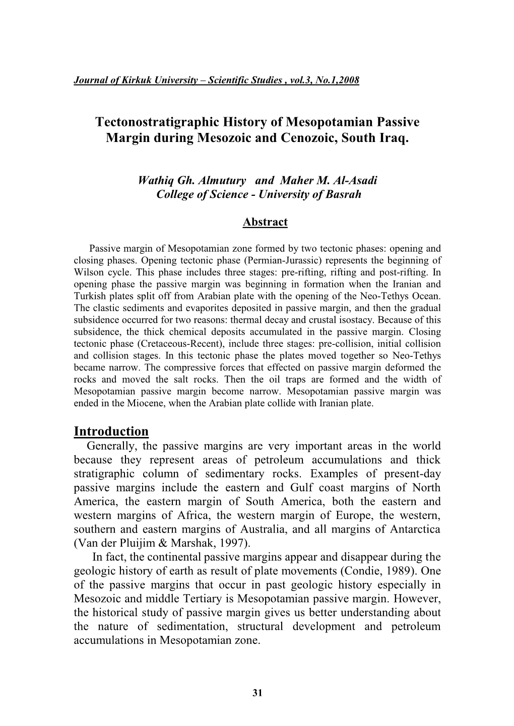 Tectonostratigraphy of Passive Margin in Mesopotamia Zone During