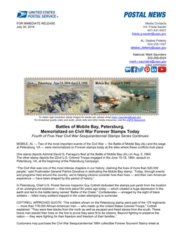 Battles of Mobile Bay, Petersburg, Memorialized on Civil War Forever Stamps Today Fourth of Five-Year Civil War Sesquicentennial Stamps Series Continues