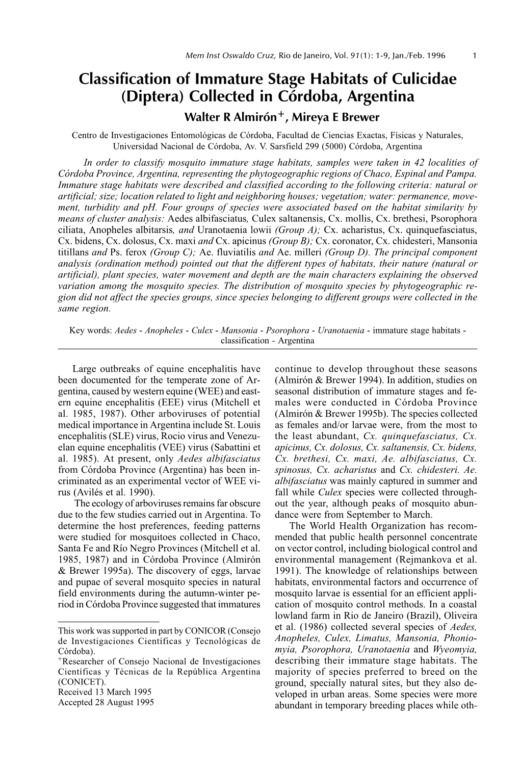 Classification of Immature Stage Habitats of Culicidae (Diptera)