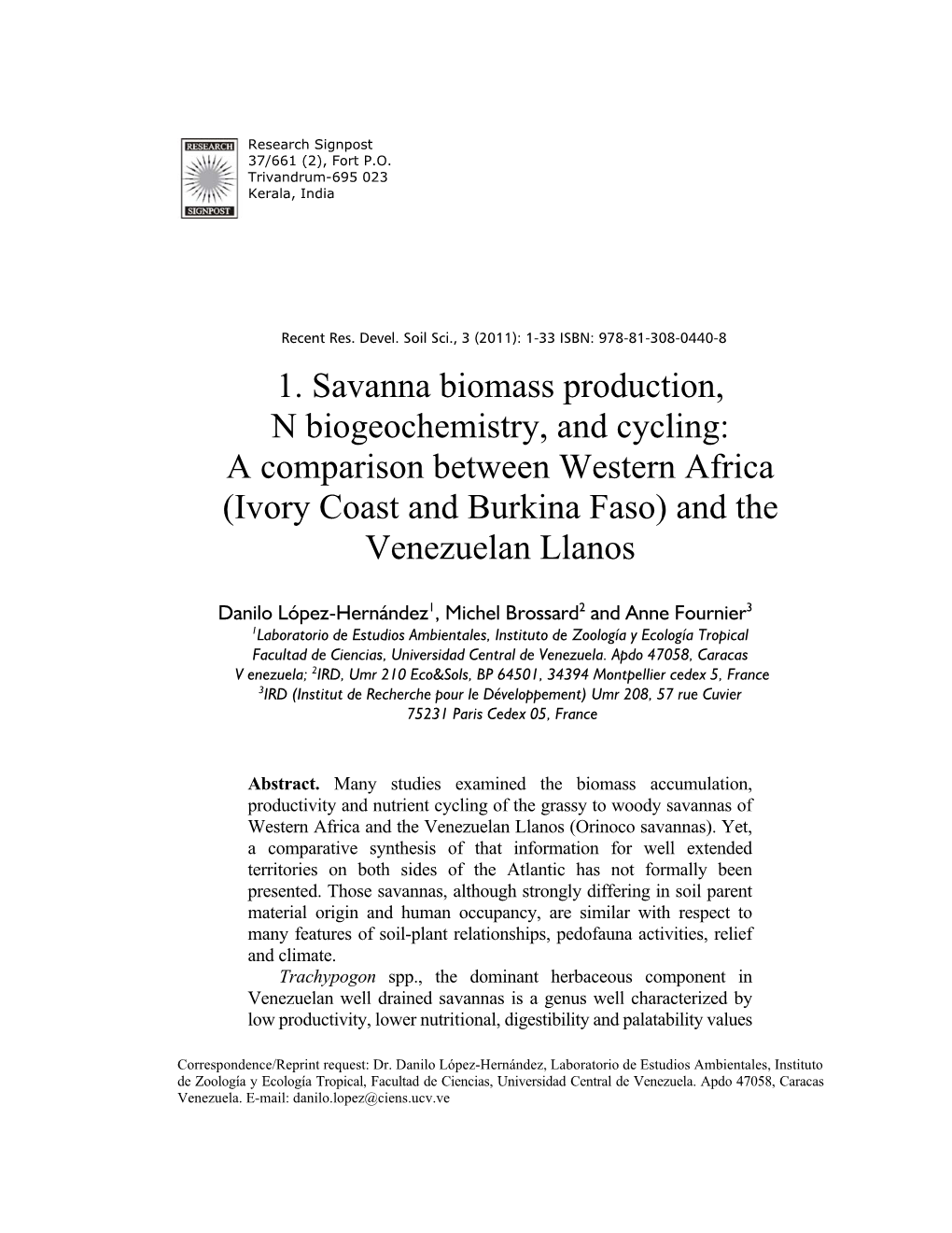 Savanna Biomass Production, N Biogeochemistry, and Cycling: a Comparison Between Western Africa (Ivory Coast and Burkina Faso) and the Venezuelan Llanos
